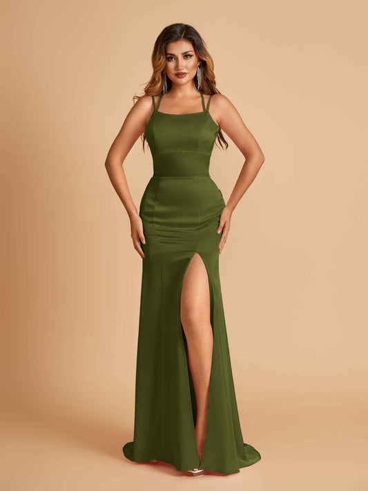 Satin Mermaid Long Bridesmaid Dresses Spaghetti Straps Scoop Side Slit Criss-cross Back