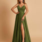 Satin A-line Long Prom Dresses Spaghetti Straps V-neck Side Slit Floor Length