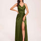 Sexy Satin A-line Prom Dresses Spaghetti Straps Side Slit V-neck Floor Length