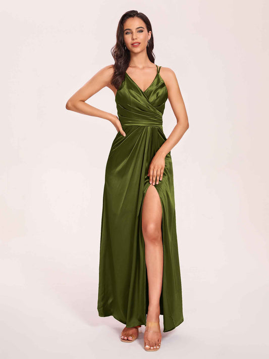 Sexy Satin A-line Prom Dresses Spaghetti Straps Side Slit V-neck Floor Length