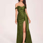 Elegant Satin Off Shoulder Prom Dresses Side-slit Sweetheart Floor Length Sheath