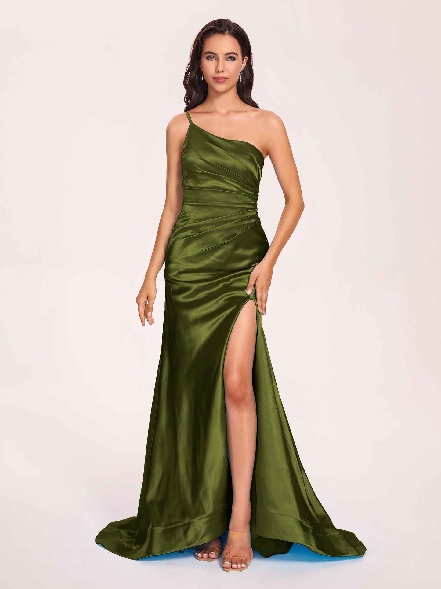 Satin One-shoulder Mermaid Prom Dresses Side Slit Pleats Floor Length