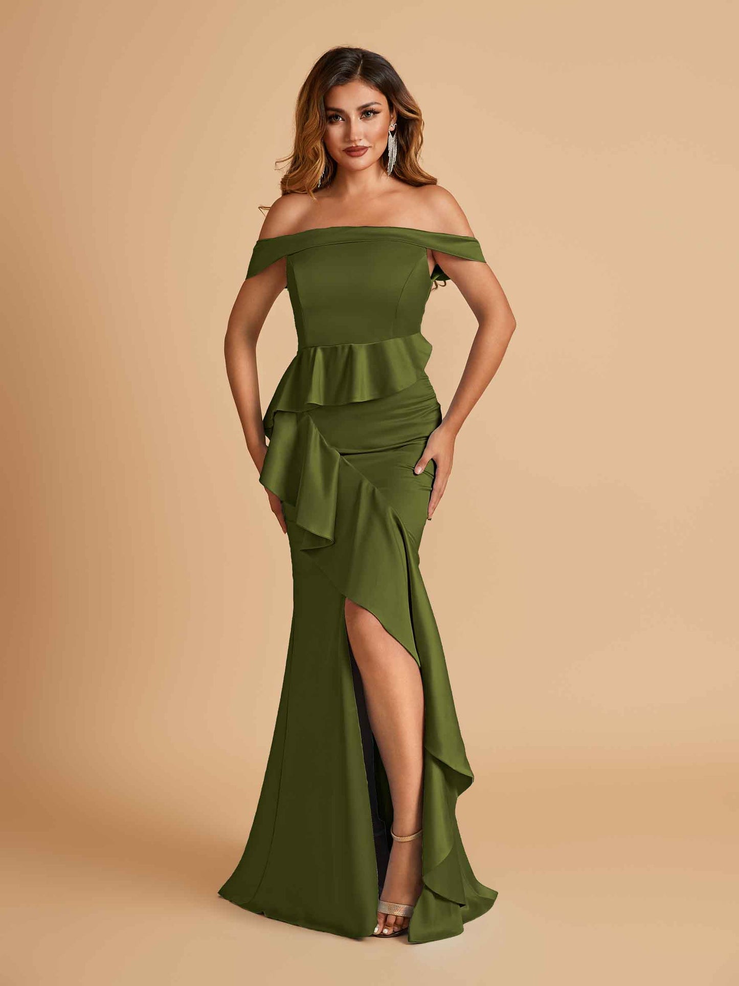 Satin Mermaid Off Shoulder Bridesmaid Dresses With Ruffles Side Slit Floor Length