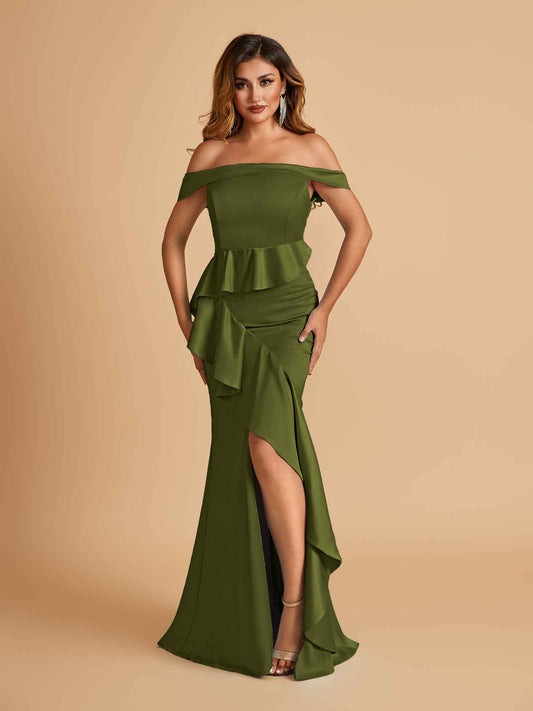 Satin Mermaid Off Shoulder Bridesmaid Dresses With Ruffles Side Slit Floor Length