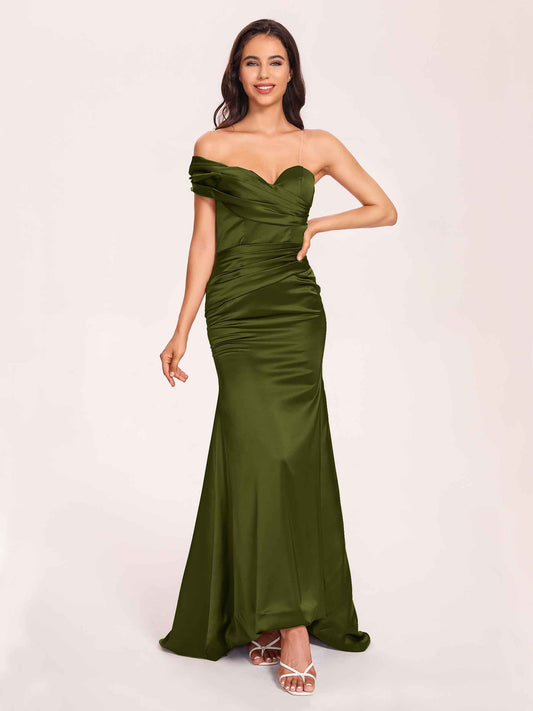 Satin One-shoulder Prom Dresses Pleats Floor Length Mermaid Long