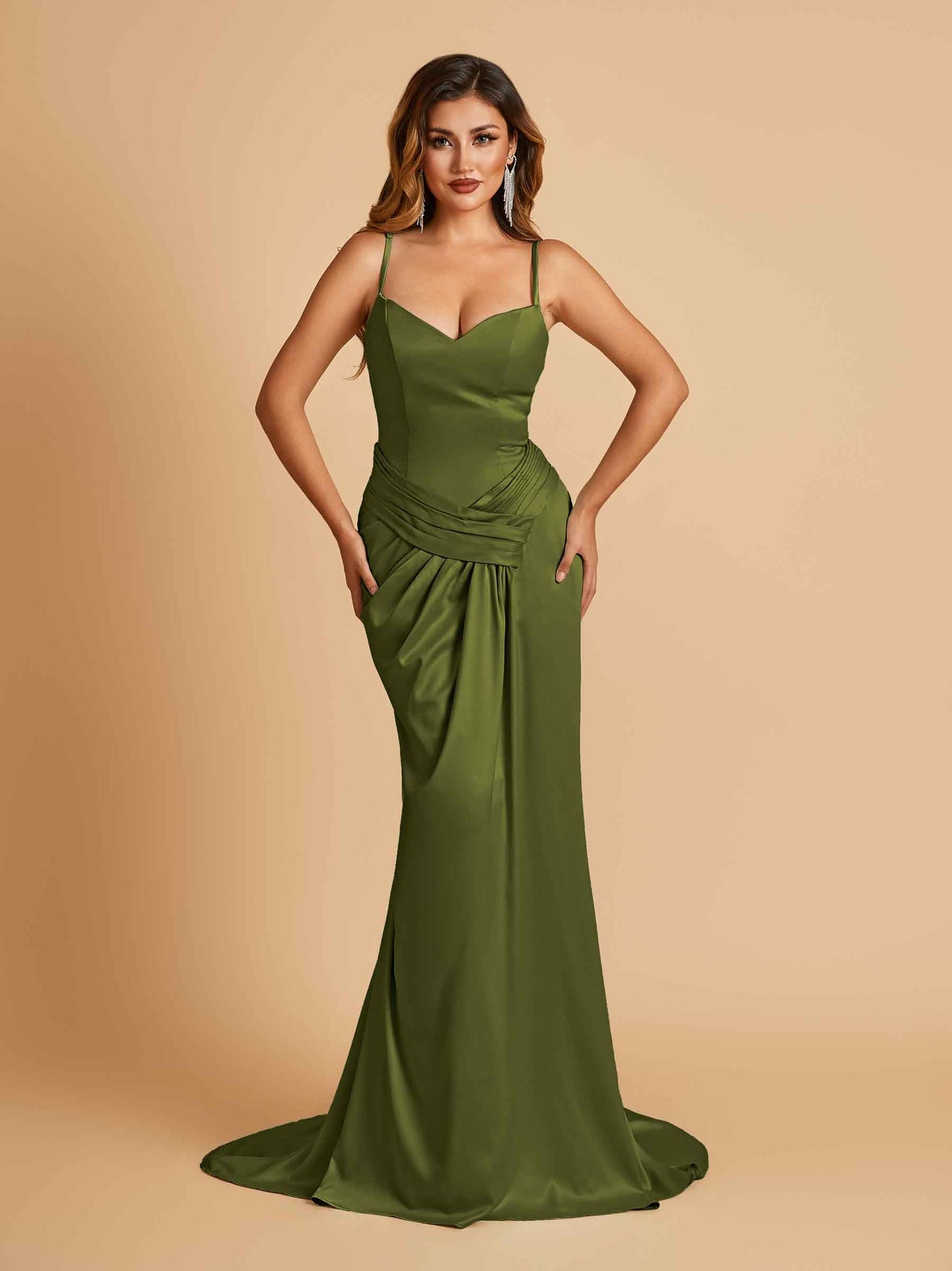 Satin Mermaid Sweetheart Prom Dresses Spaghetti Straps With Pleats Floor Length