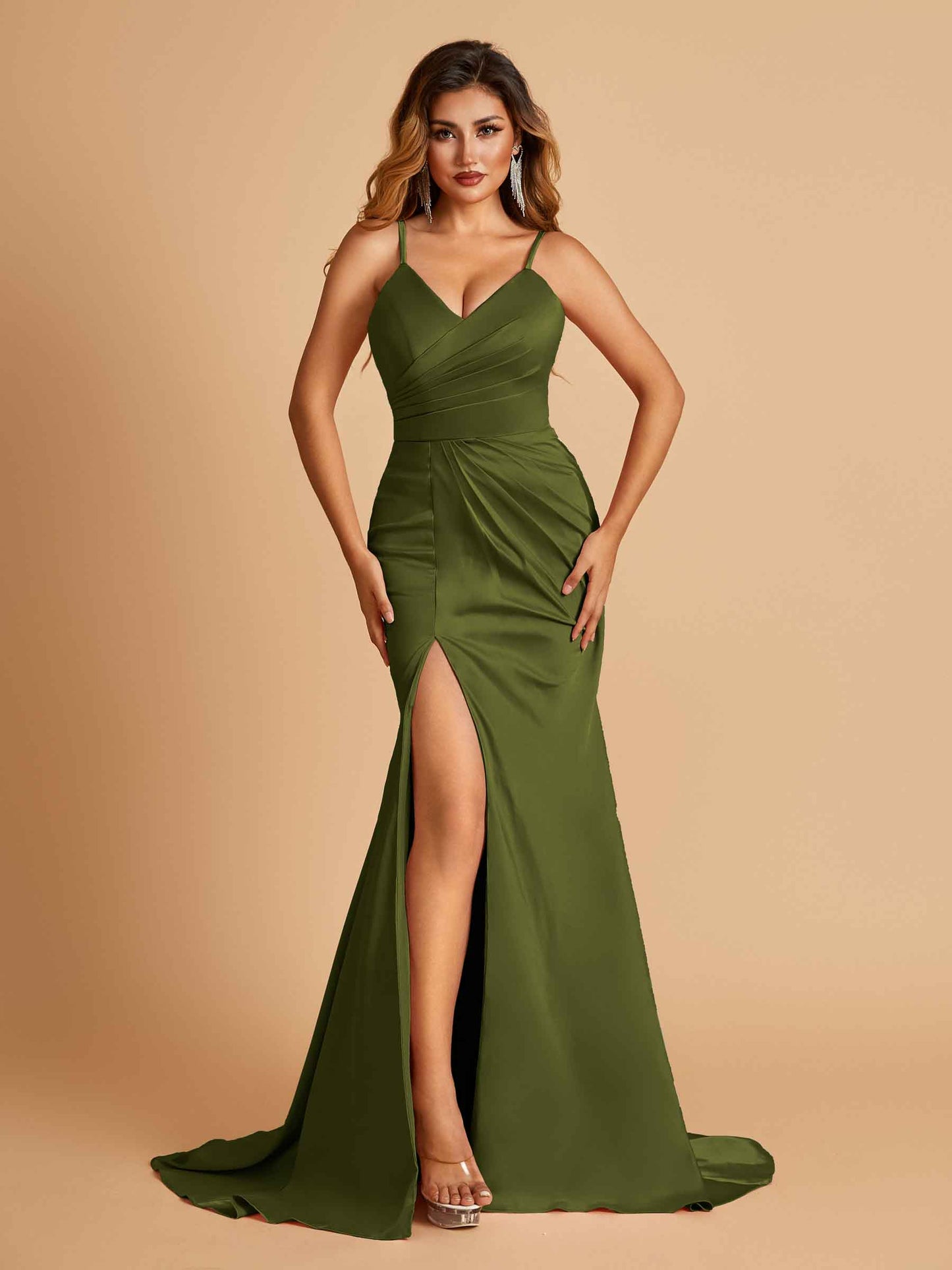 Sexy Mermaid Bridesmaid Dresses Spaghetti Straps Satin Side Slit Pleats Floor Length