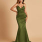 Satin Mermaid V-neck Prom Dresses Spaghetti Straps Floor Length
