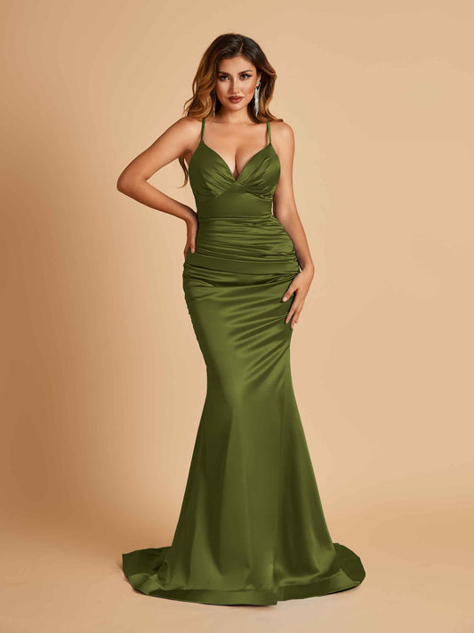 Satin Mermaid V-neck Prom Dresses Spaghetti Straps Floor Length