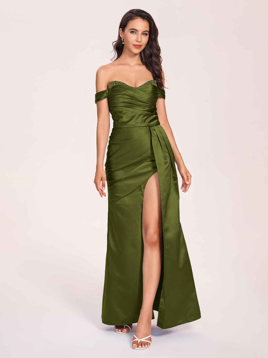 Elegant Satin Off Shoulder Bridesmaid Dresses Side-slit Sweetheart Floor Length Sheath