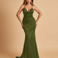 Satin Mermaid Open-back Prom Dresses Spaghetti Straps V-neck With Pleats Floor Length