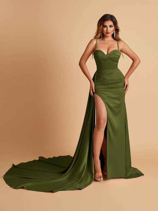 Sexy Satin Sheath Bridesmaid Dresses Spaghetti Straps Sweetheart Side Slit With Train