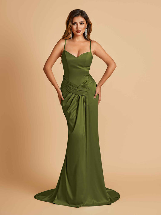Satin Mermaid Sweetheart Bridesmaid Dresses Spaghetti Straps With Pleats Floor Length