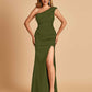 Satin One-shoulder Bridesmaid Dresses Mermaid Side Slit Sleeveless Floor Length
