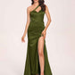 Sexy Satin One-shoulder Prom Dresses Side Slit Sheath Floor Length Long