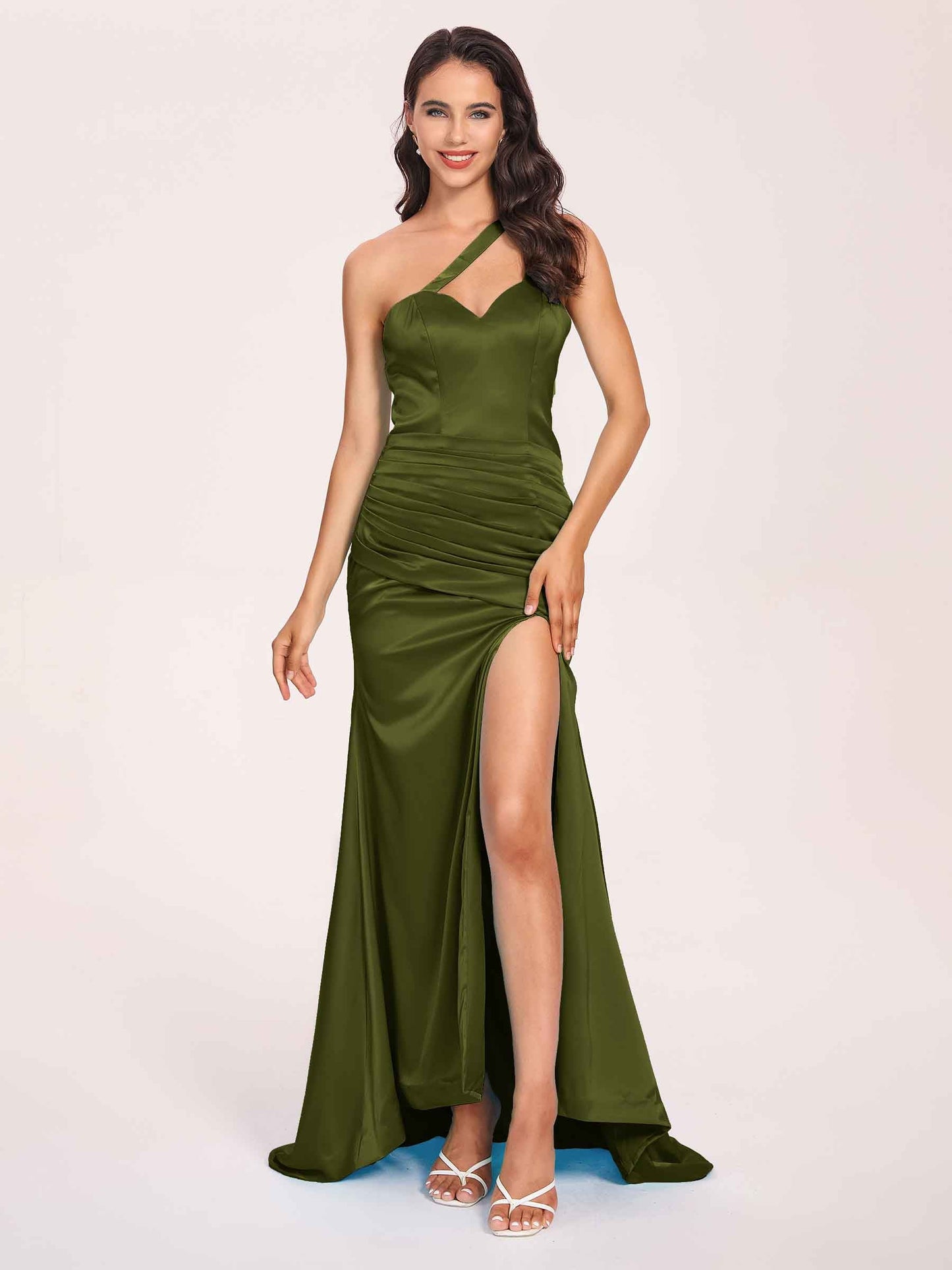 Sexy Satin One-shoulder Prom Dresses Side Slit Sheath Floor Length Long