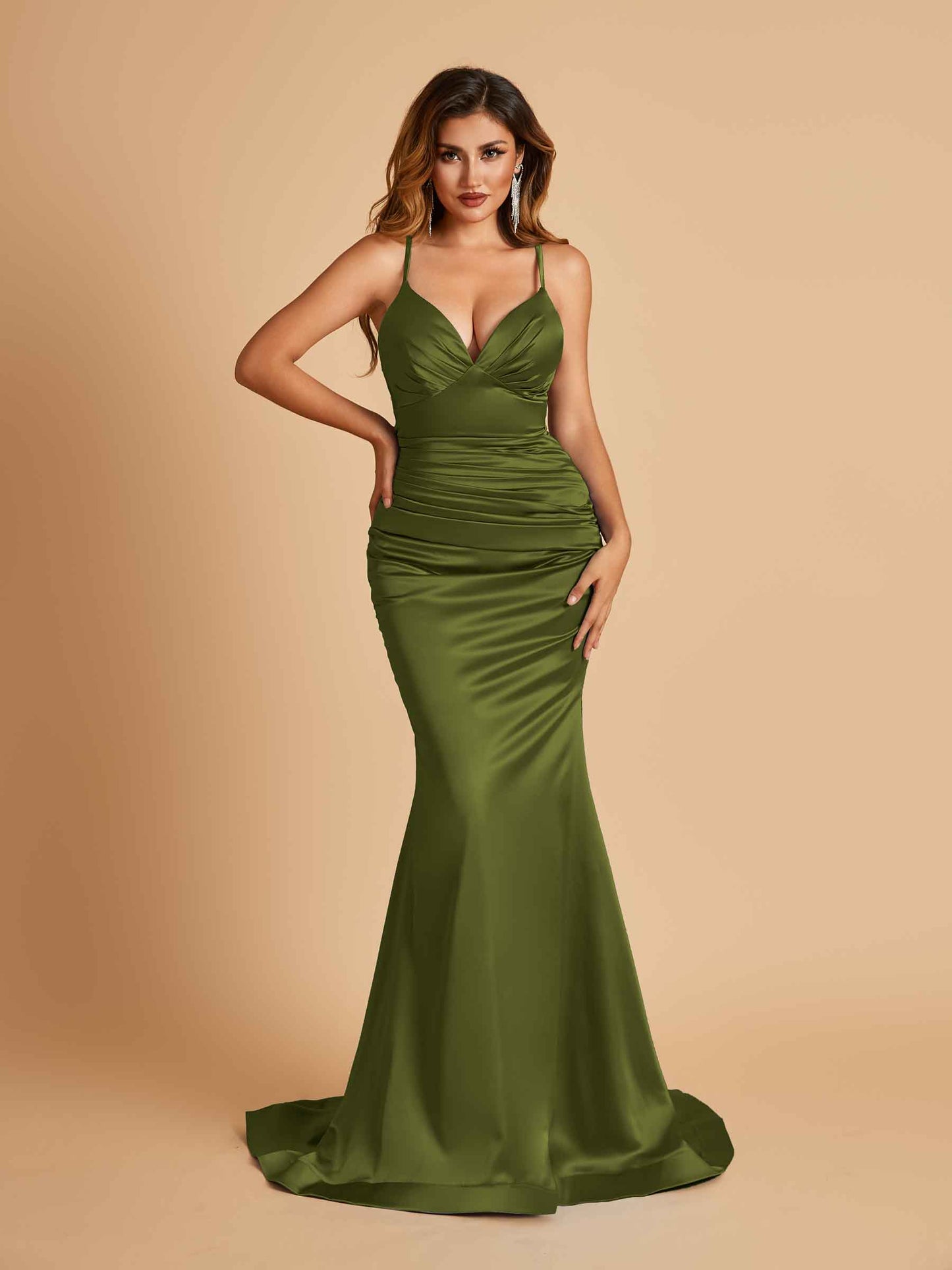 Satin Mermaid V-neck Bridesmaid Dresses Spaghetti Straps Floor Length