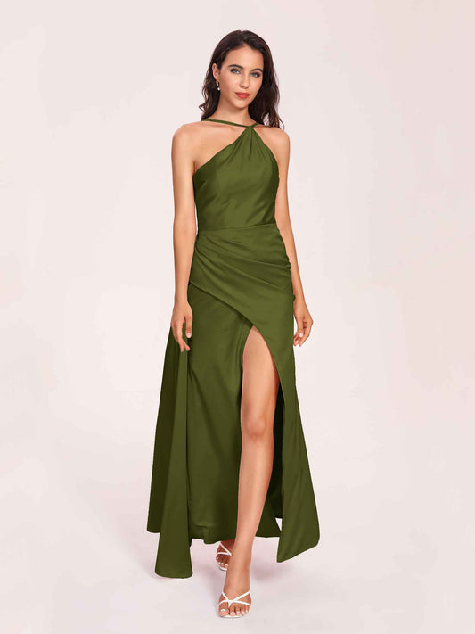 Sexy Satin Halter Strap Sheath Bridesmaid Dresses Side Slit Pleats Floor Length