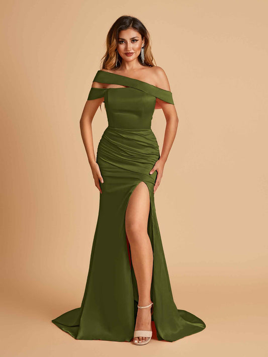 Unique Satin Mermaid Prom Dresses With Off Shoulder Straps Side Slit Floor Length