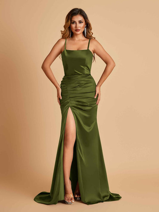 Sexy Satin Spaghetti Straps Bridesmaid Dresses Open Back Mermaid Floor Length Unique