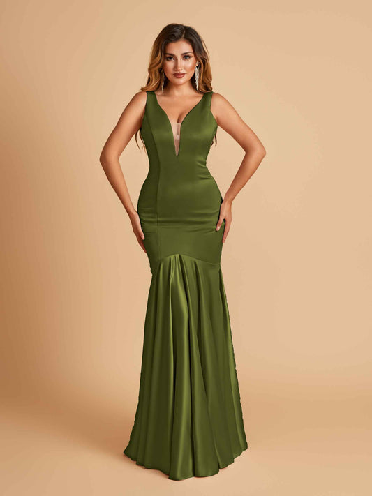 Satin Deep V-neck Mermaid Bridesmaid Dresses Half Open Back Floor Length