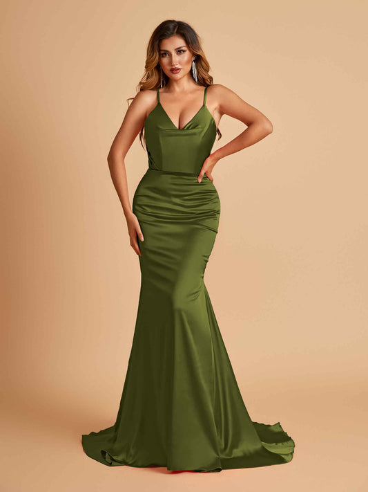 Sexy Satin Mermaid Bridesmaid Dresses Spaghetti Straps V-neck Pleats Floor Length