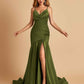 Sexy Satin Mermaid Open Back Prom Dresses Spaghetti Straps V-neck Side Slit
