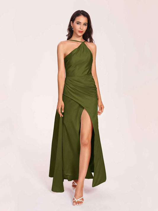 Sexy Satin Halter Strap Sheath Prom Dresses Side Slit Pleats Floor Length