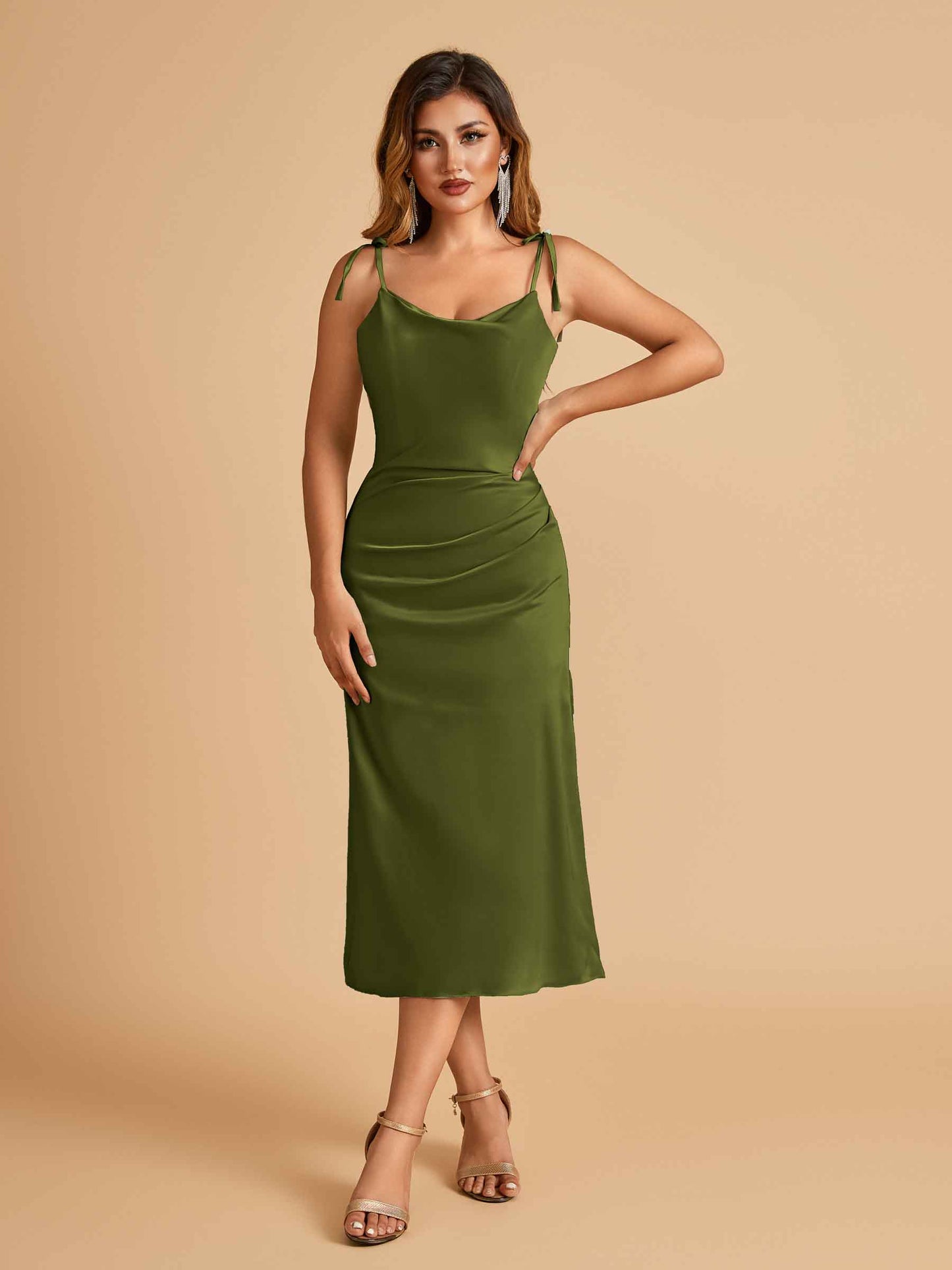 Sexy Satin Midi Bridesmaid Dresses Spaghetti Straps Slip Scoop Side Slit