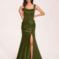 Sexy Satin Square Mermaid Bridesmaid Dresses Pleats Side-Slit Floor-Length Sleeveless