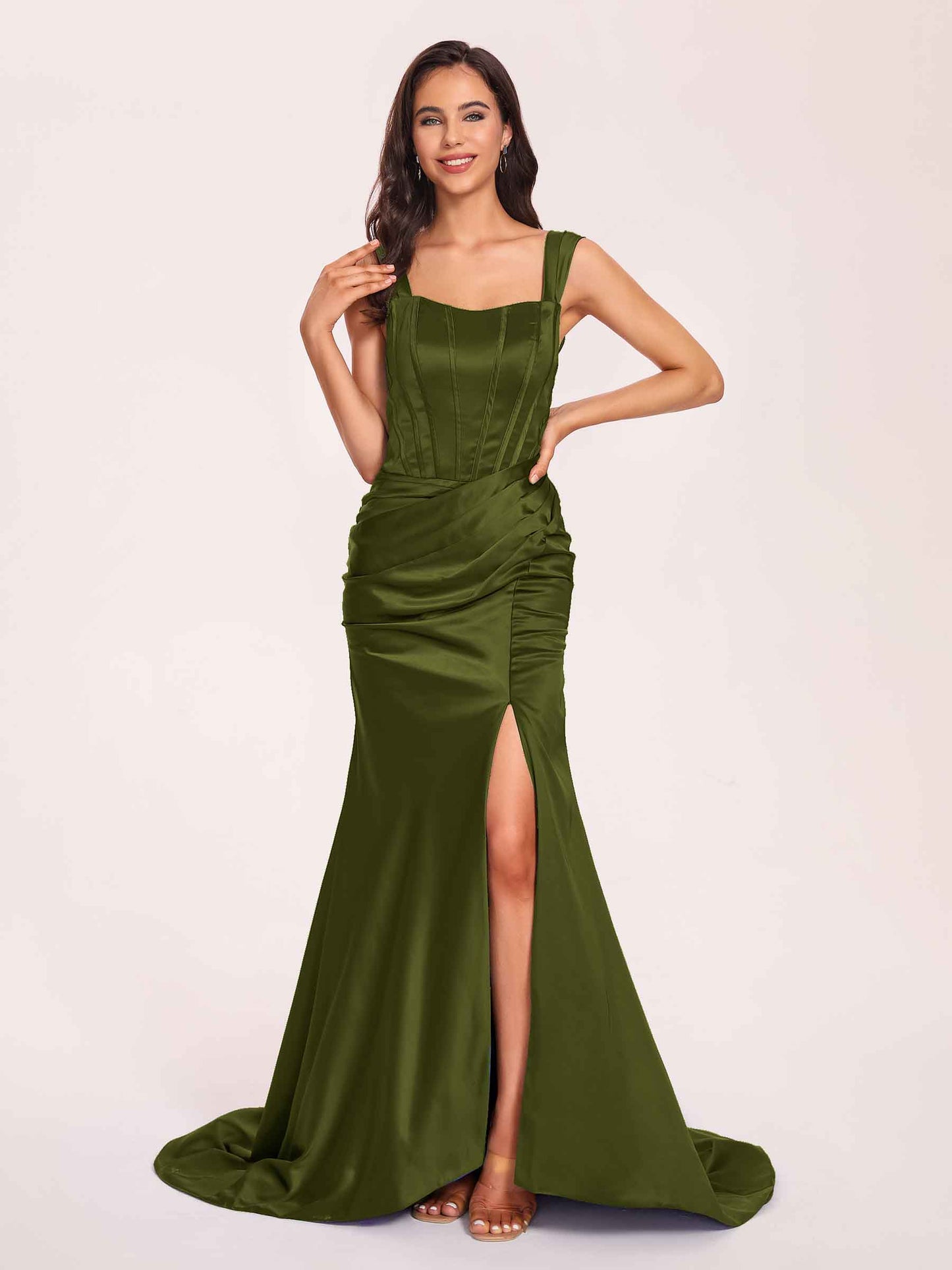 Sexy Satin Square Mermaid Bridesmaid Dresses Pleats Side-Slit Floor-Length Sleeveless