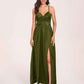 Satin Spaghetti Straps A-line Bridesmaid Dresses Side Slit Floor Length