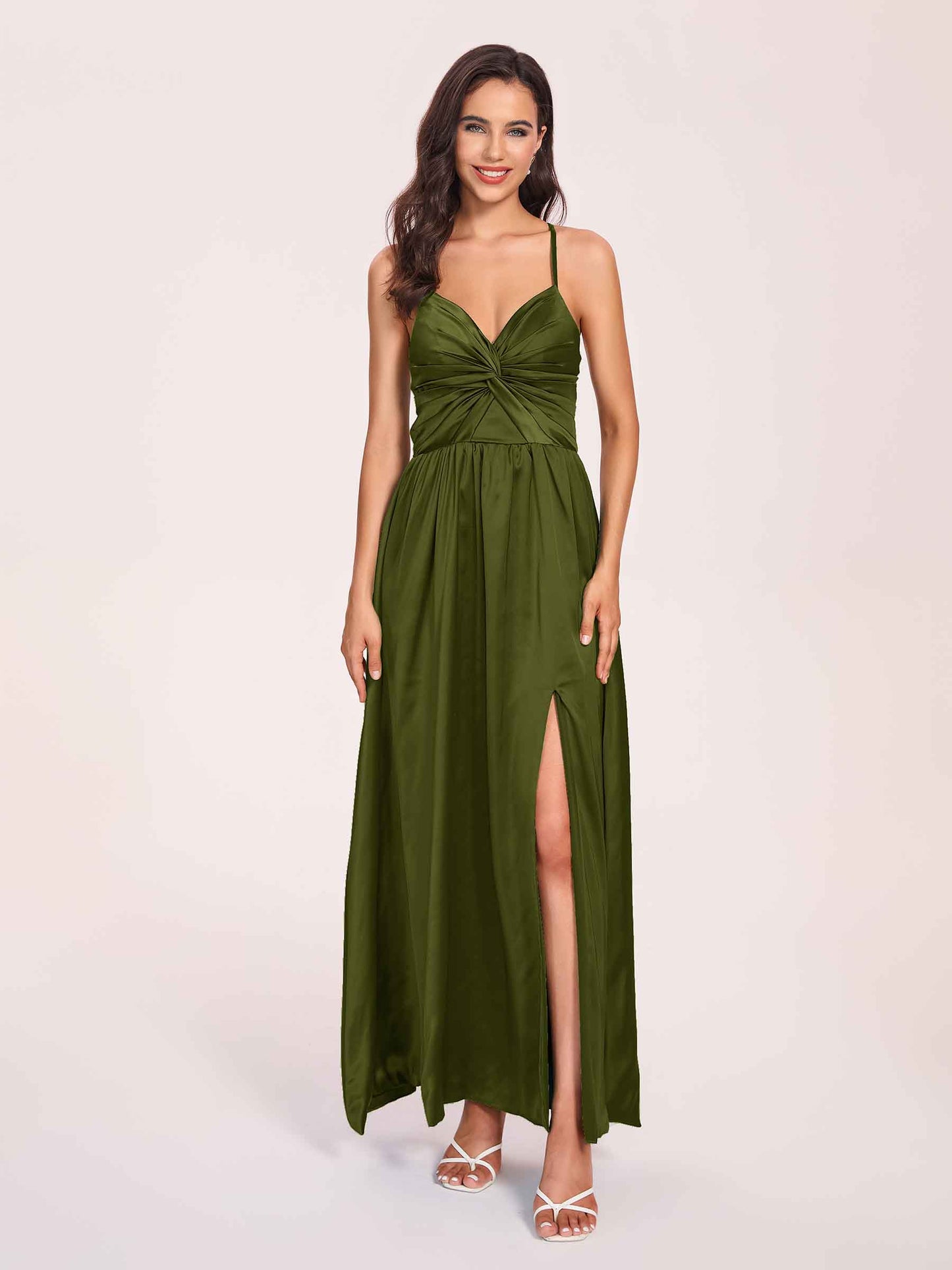 Satin Spaghetti Straps A-line Bridesmaid Dresses Side Slit Floor Length