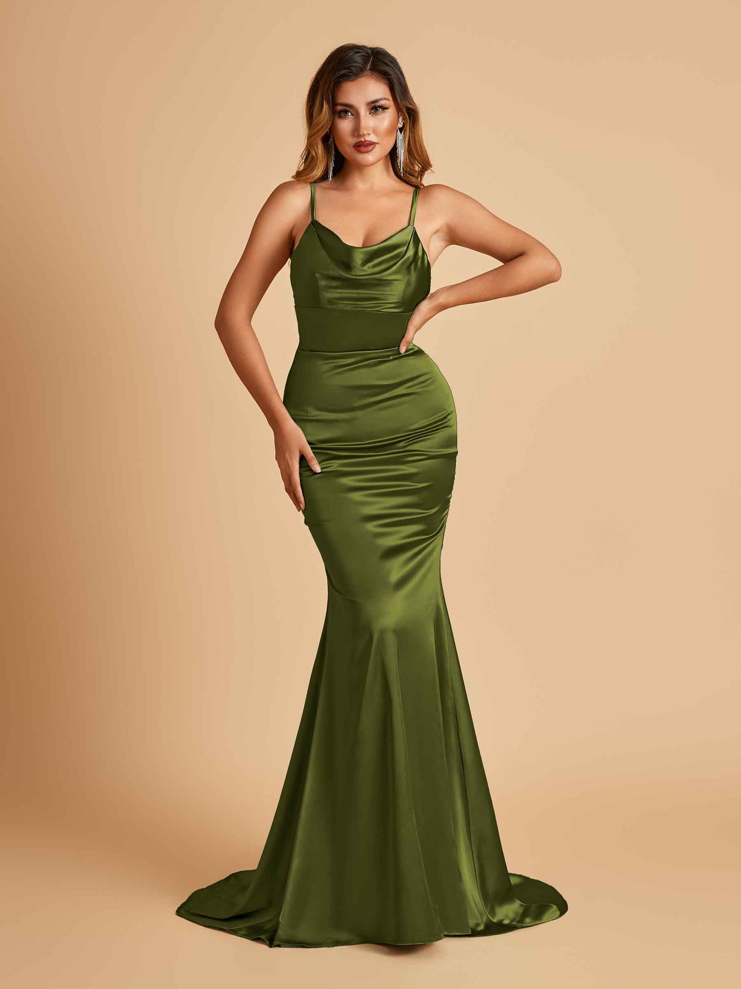 Satin Mermaid Open Back Bridesmaid Dresses Spaghetti Straps Scoop Floor Length