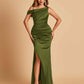 Unique Satin One Shoulder Bridesmaid Dresses Side Slit Half Open Back Floor Length