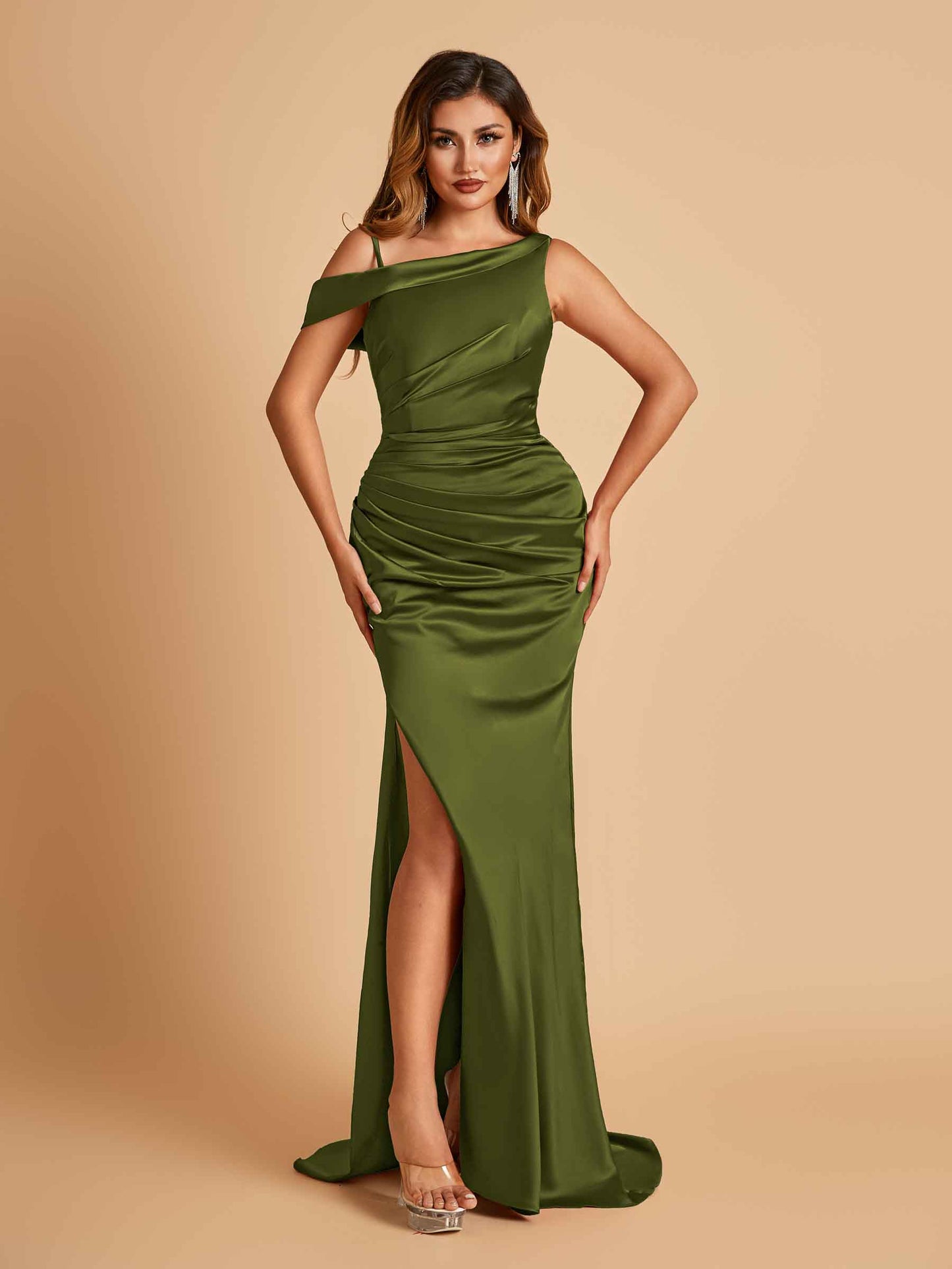 Unique Satin One Shoulder Bridesmaid Dresses Side Slit Half Open Back Floor Length