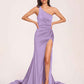 Jersey One-shoulder Prom Dresses Open Back Pleats Side-Slit With Train Long