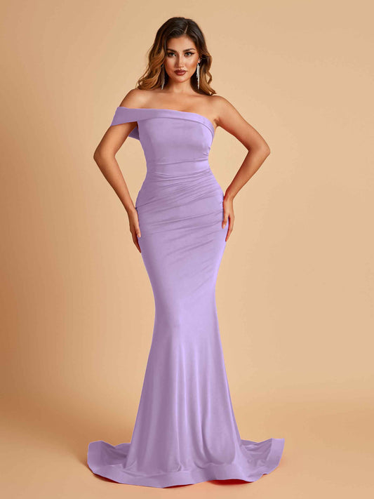 Sexy Jersey One Shoulder Bridesmaid Dresses Mermaid Pleats Floor Length Unique
