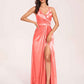 Sexy Satin A-line Bridesmaid Dresses Spaghetti Straps Side Slit V-neck Floor Length
