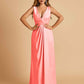 Sexy Satin Deep V-neck Long Bridesmaid Dresses A-line Pleats Sleeveless Floor Length