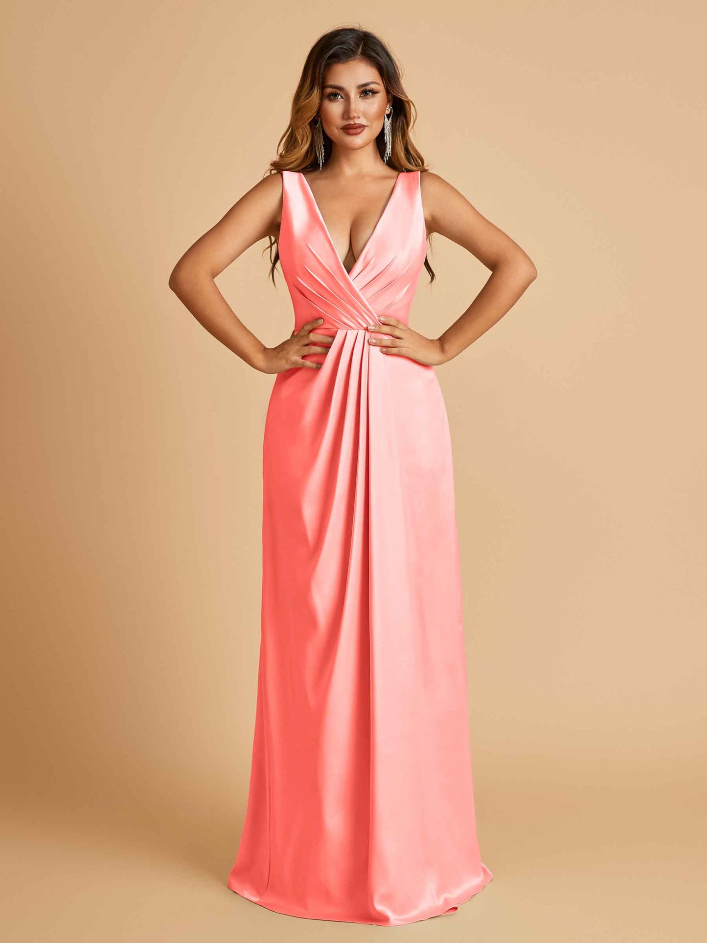 Sexy Satin Deep V-neck Long Bridesmaid Dresses A-line Pleats Sleeveless Floor Length