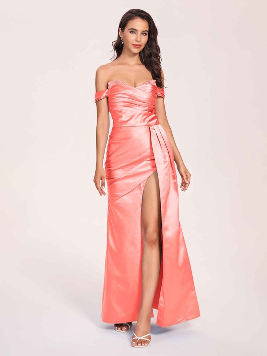 Elegant Satin Off Shoulder Bridesmaid Dresses Side-slit Sweetheart Floor Length Sheath