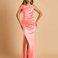 Unique Satin One Shoulder Prom Dresses Side Slit Half Open Back Floor Length