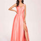 Satin V-neck A-line Prom Dresses Side slit Floor Length