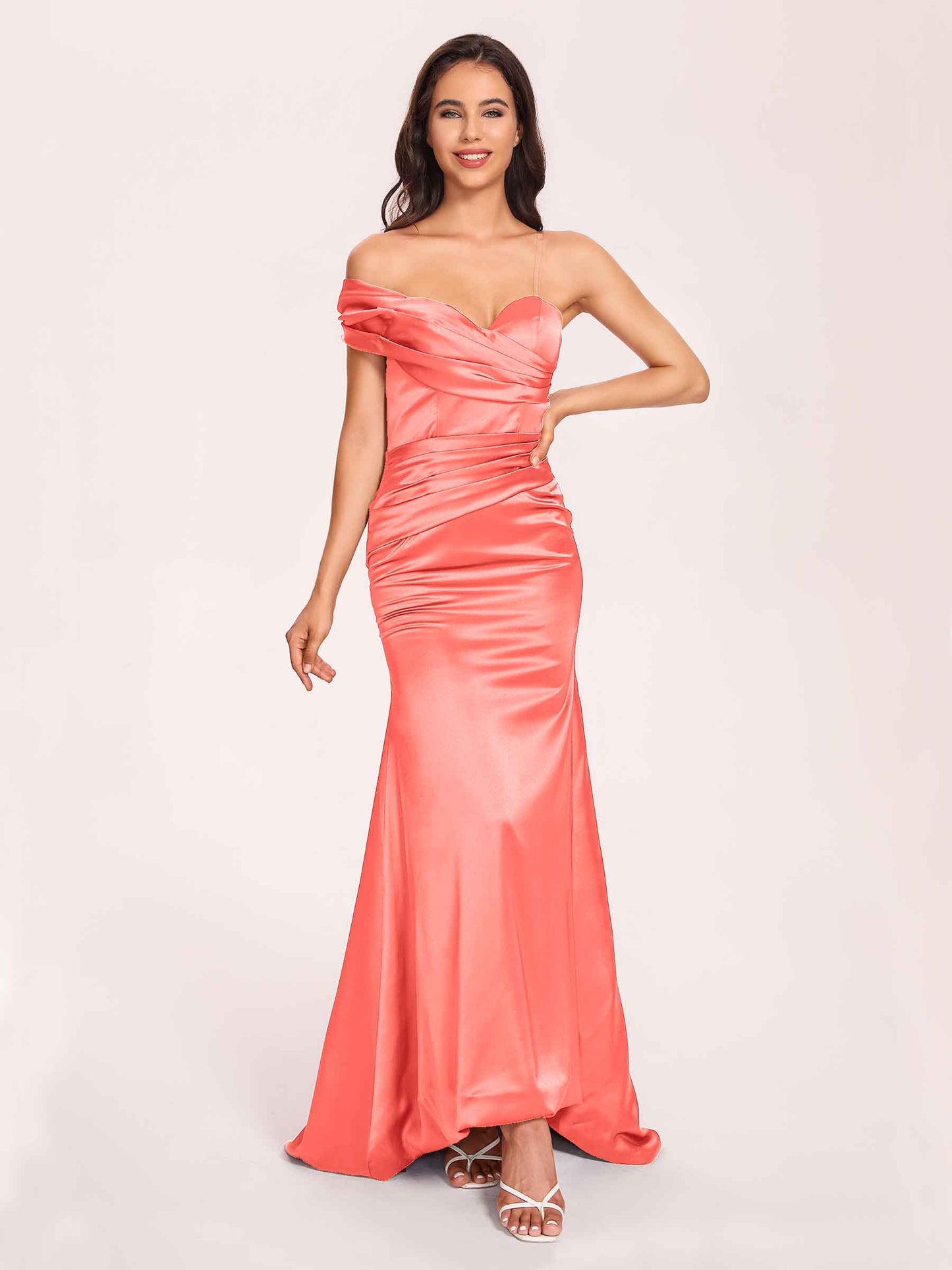 Satin One-shoulder Bridesmaid Dresses Pleats Floor Length Mermaid Long