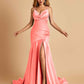 Sexy Satin Mermaid Open Back Prom Dresses Spaghetti Straps V-neck Side Slit