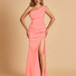 Satin One-shoulder Bridesmaid Dresses Mermaid Side Slit Sleeveless Floor Length