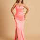 Satin Mermaid Long Bridesmaid Dresses Spaghetti Straps V-neck Side Slit Floor Length
