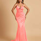Satin Mermaid Open-back Bridesmaid Dresses Spaghetti Straps V-neck With Pleats Floor Length