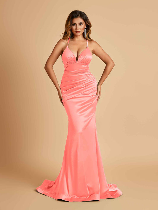 Satin Mermaid Open-back Bridesmaid Dresses Spaghetti Straps V-neck With Pleats Floor Length